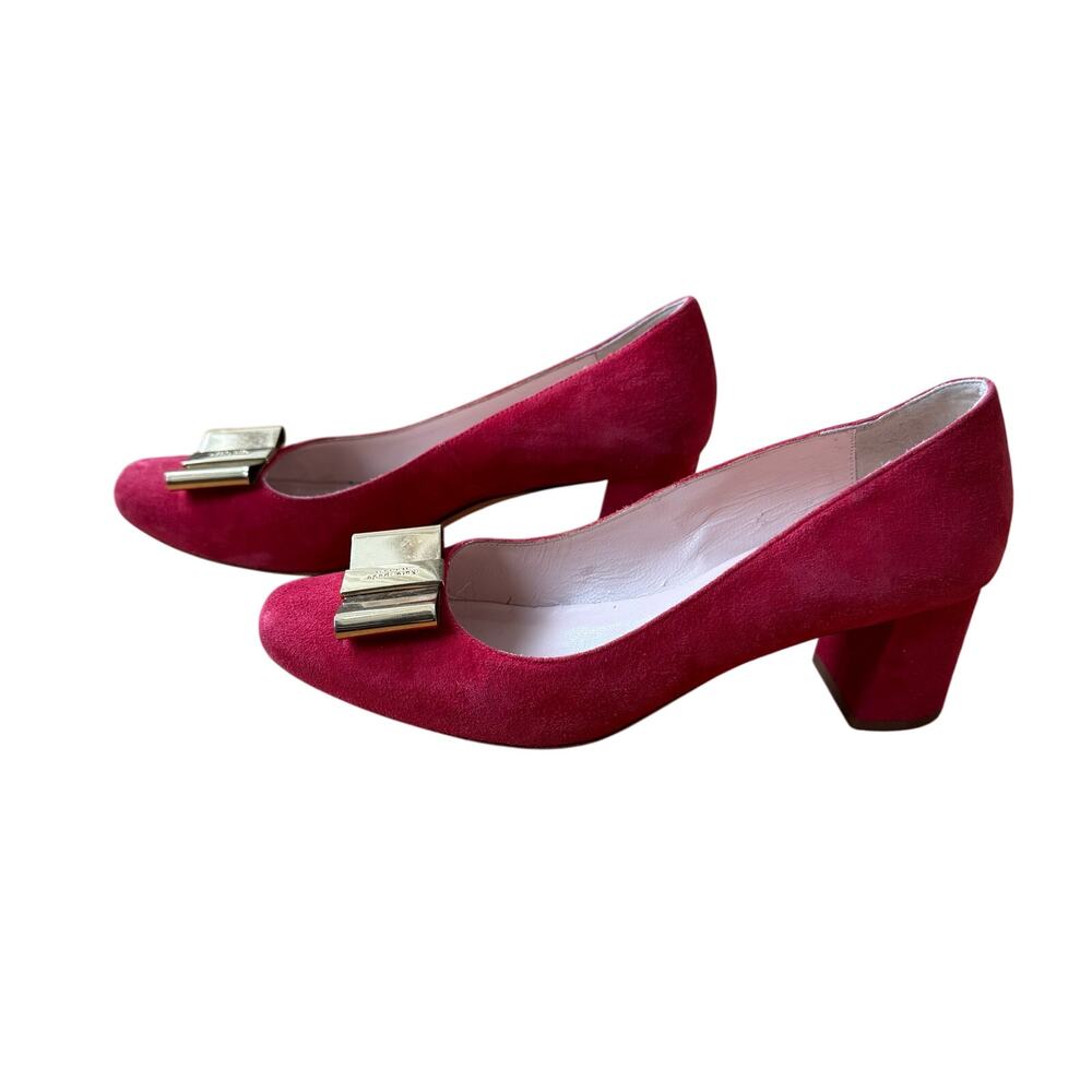 Kate Spade Red Suede Dijon Gold Metal Bow Block Heel Size 6 Classic Preppy Chic - Picture 13 of 15